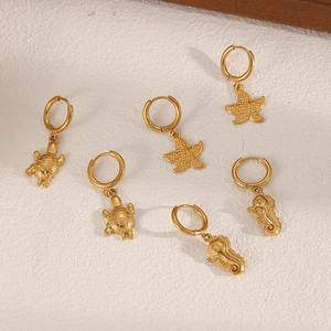 Stainless Steel Sea Turtle Starfish Seahorse Hoop Dangle Earrings 18K Gold Plated Ocean Theme Jewelry For Women