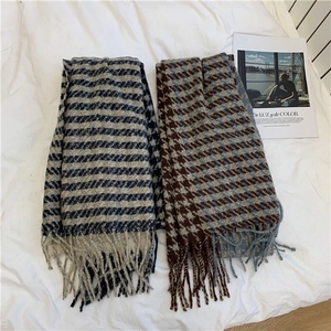 Classic houndstooth winter scarves with fringe in blue-grey and brown color options