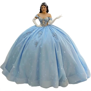 Off The Shoulder Ball Gown Quinceañera Dress Glitter Mesh Lace Appliques Sequined Formal Prom Wedding Gown For Women