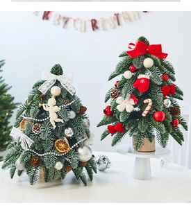 Mini tabletop Christmas trees with green needles, red bows, and dried orange ornaments