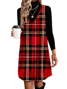 Elegantes rotes ärmelloses Kleid mit Karo-Muster und schwarzem Rollkragenoberteil für Damen