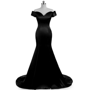 Elegant off-shoulder black satin mermaid evening gown with a sleek floor-length train