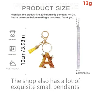 Detailed size chart for 2D acrylic honey bee letter A keychain with tassel and dimensions