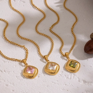 Vintage gold square zircon necklaces with pink, white, and green stones in retro style