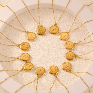 Gold circular zodiac pendant necklaces with star relief and crystal in a circular layout