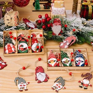 Set of American style Christmas gnome wooden ornaments with plaid and snowflake patterns