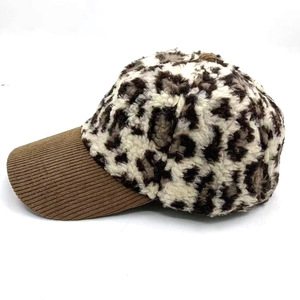 Winter faux fleece leopard print baseball cap with brown ribbed brim for men and women