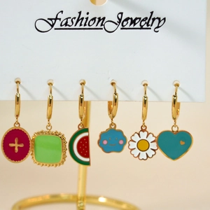 Stainless Steel Hoop Earrings For Women Gold Plated Enamel Eye Heart Daisy Cross Star Moon Pendant Rhinestone Jewelry
