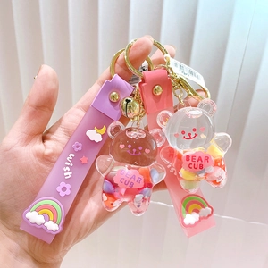 Cartoon Bear Keychain Oil Filled Liquid Acrylic Pendant Rainbow Silicone Strap Gold Bell For Bag Car Accessories