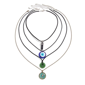 4-piece vintage bohemian necklace set with layered evil eye and gemstone pendants