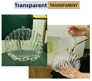 Makroansicht der transparenten Acryl-Clutch in Muschelform mit goldenem Metallschloss