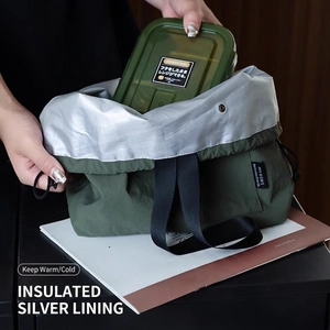 Waterproof dark green thermal lunch bag with drawstring and silver foil lining