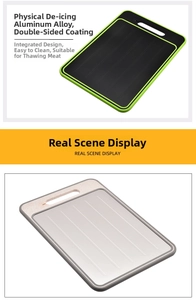 Fast-acting double-sided aluminum defrosting tray showing black and beige color options