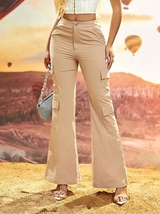Women's khaki high-street cargo pants with multi-pocket design and a wide-leg loose fit