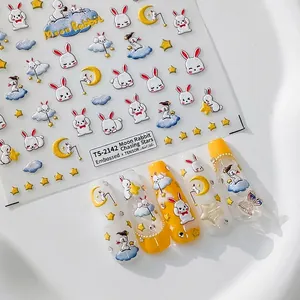 5D Embossed Nail Art Stickers Moon Rabbit Star Cute Cartoon Self Adhesive Relief Manicure Decals For Women
