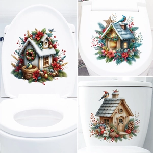 Christmas Toilet Seat Stickers PVC Waterproof Self Adhesive Winter Snow House Bird Flower Decals For Bathroom Home Decor