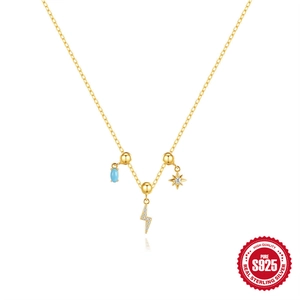 925 Sterling Silver Charm Necklace For Women Lightning Bolt Eight-Pointed Star Zircon Blue Stone Gold Plated Jewelry