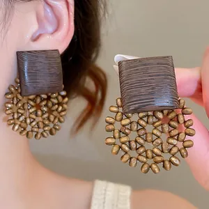 Vintage wooden square stud earrings with round beaded charms in natural minimalist style