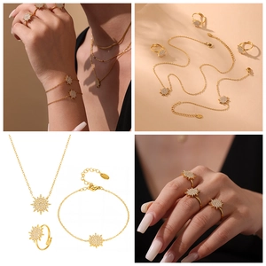 Detailed set of gold sunburst jewelry with 5A zircon inlay on necklace and ring