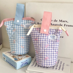 Quilted Cotton Plaid Pencil Case Aesthetic Kawaii Bowknot Cylinder Storage Bag Portable Stationery Organizer For Students