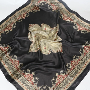Classic 90cm black square satin silk scarf with vintage red and gold paisley floral pattern