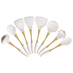 8-piece set of white silicone kitchen utensils with elegant gold-plated handles on white back