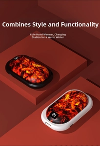 Detail of digital hand warmer with charcoal visual texture and LED power display screen