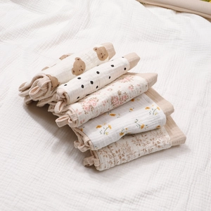 5-pack soft cotton baby gauze handkerchiefs with cartoon bear and floral patterns