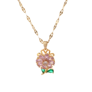 Rotating flower necklace with pink and green zircon petals on a gold chain