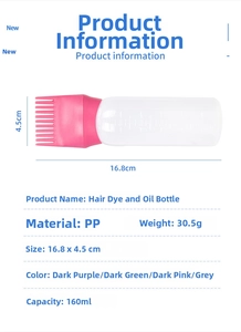 Detail view of 160ml hair dye bottle with scale and integrated applicator comb tip