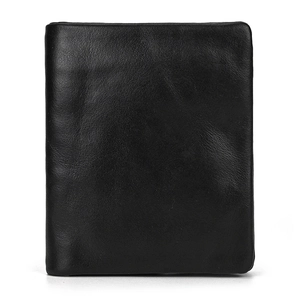 Detailed close-up showing the premium black leather texture of this vertical bifold wallet