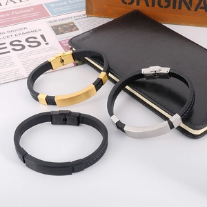 Three men's woven leather bracelets with steel plates in gold, silver, and black finish