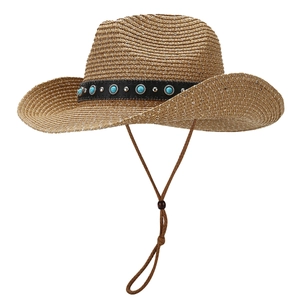 Brown woven straw cowboy sun hat with turquoise bead band and adjustable chin strap