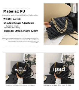 Detail view of black quilted PU leather evening bag with golden chain and size dimensions