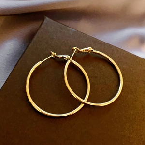 Close-up of golden geometric hoop earrings on dark jewelry box with silk background