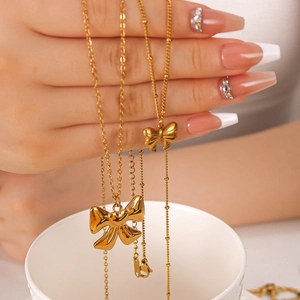 Elegant 18k gold plated stainless steel necklaces with unique bow pendants for women
