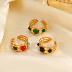 Three 18K gold plated stainless steel rings with woven texture and colorful resin stones
