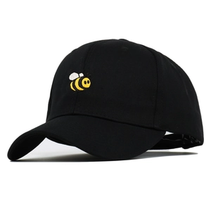 Classic black cotton baseball cap featuring a detailed yellow honeybee embroidery