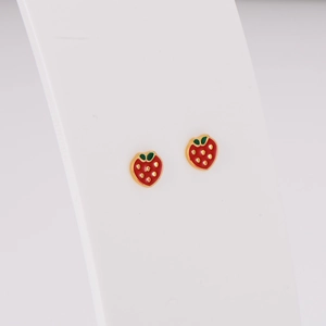 Close-up of strawberry-shaped stud earrings with red enamel and gold-plated leaves