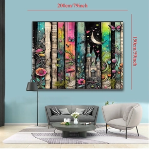 Detail of 200x150cm Christmas tapestry featuring fantasy castle and mushroom design