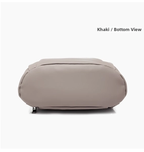 Detailed bottom view of the khaki Oxford fabric backpack with smooth leather base and stitching