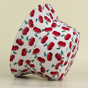 Autumn cherry print fisherman hat with double-sided design and reinforced brim in white