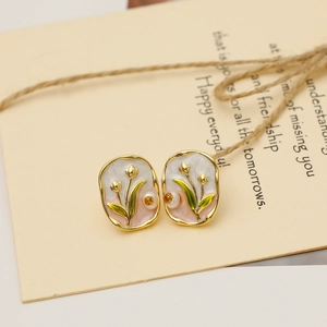 Elegant French vintage tulip flower earrings with pearls and colorful enamel work