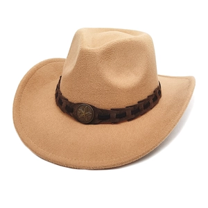 Classic khaki wool felt western cowboy hat with a brown woven band and star metal buckle