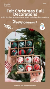 Detail of wool felt Christmas balls featuring white snowflake and tree patterns in 12-piece set