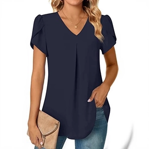 Navy blue V-neck chiffon blouse with petal short sleeves and pleated front detail