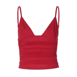 Detail view of the red V-neck camisole featuring stylish waist ruching and soft texture