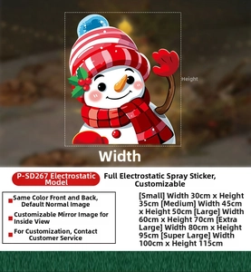 Detailed size chart for Christmas snowman static window cling with holiday motifs