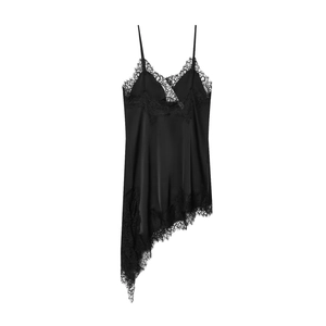 Robe nuisette chic en satin noir avec bordure en dentelle et ourlet irrégulier