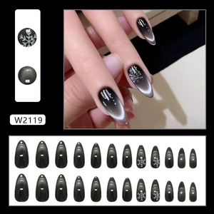 Deep gray cat eye press on nails with snowflake patterns in 24 pieces almond set